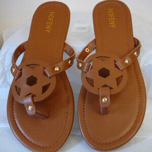 Hofeny Women's Brown Slip On Flip Flop Dressy Beach Sandals-Star Design-Size 9